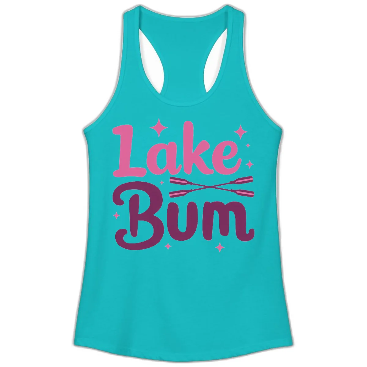 Lake Bum Text and Oars Design Ladies Tank in Tahiti Blue