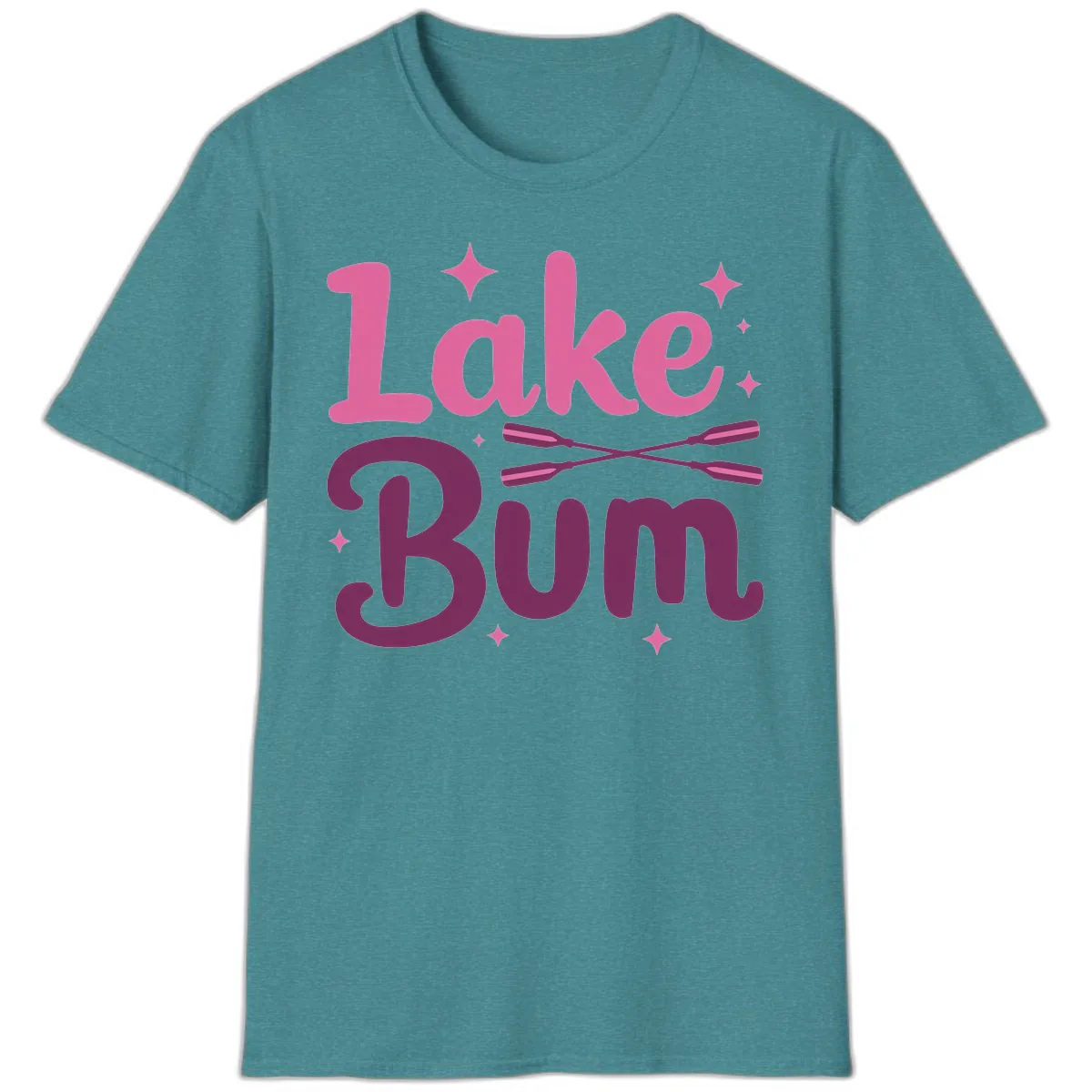 Lake Bum Text and Oars Design T-Shirt in Heather Galapagos Blue