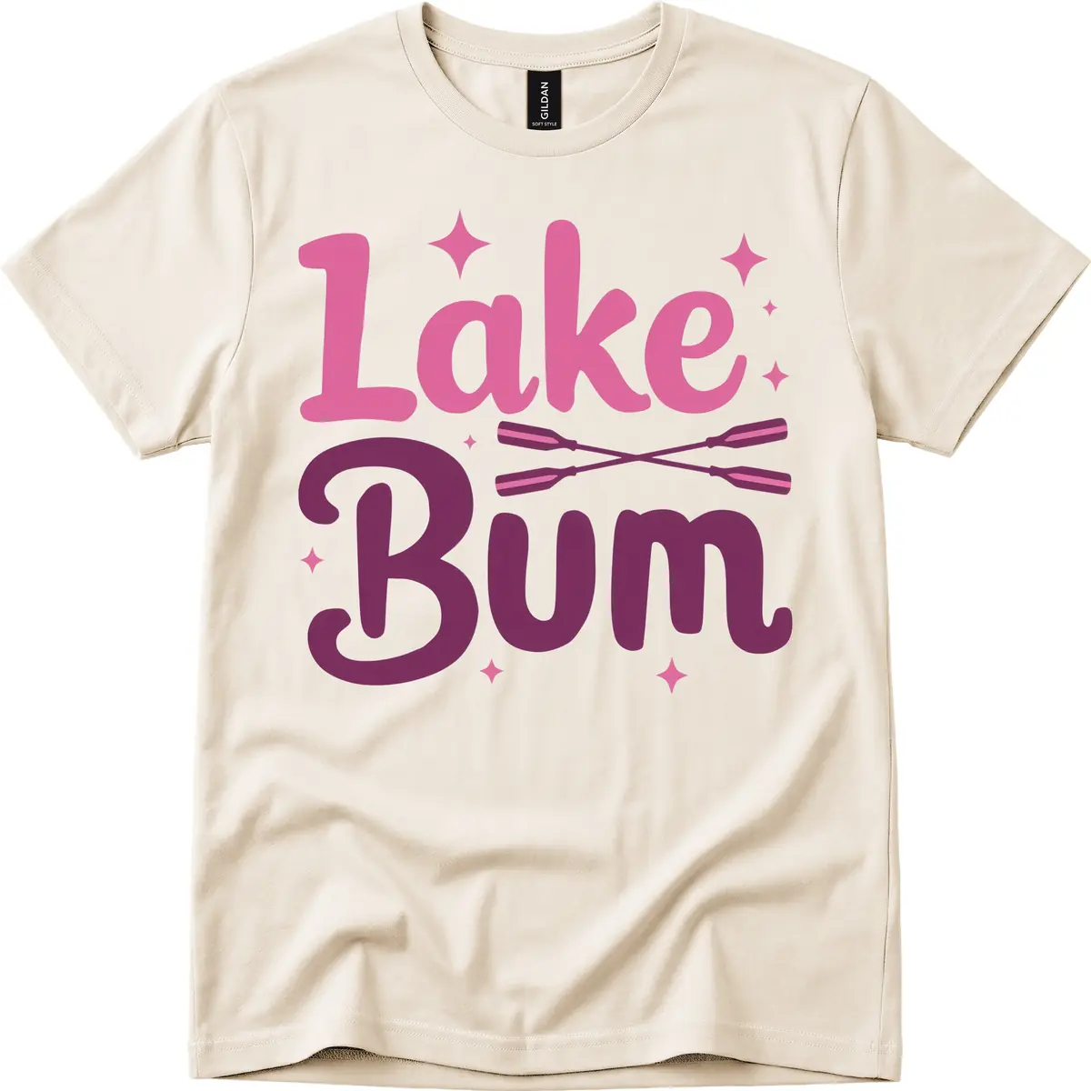 Lake Bum Text and Oars Design T-Shirt in Natural