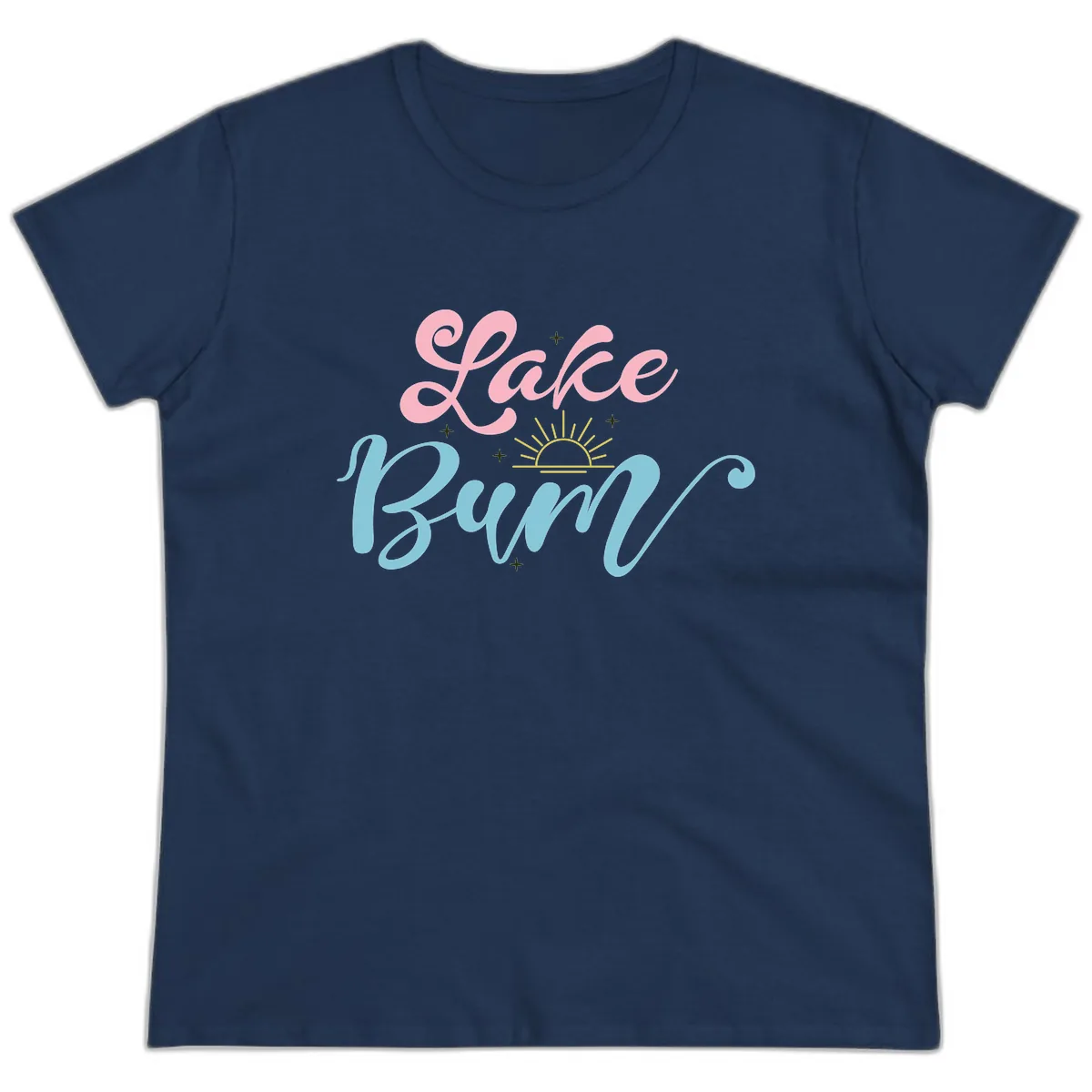 Lake Bum Script Design Ladies Tee in Navy
