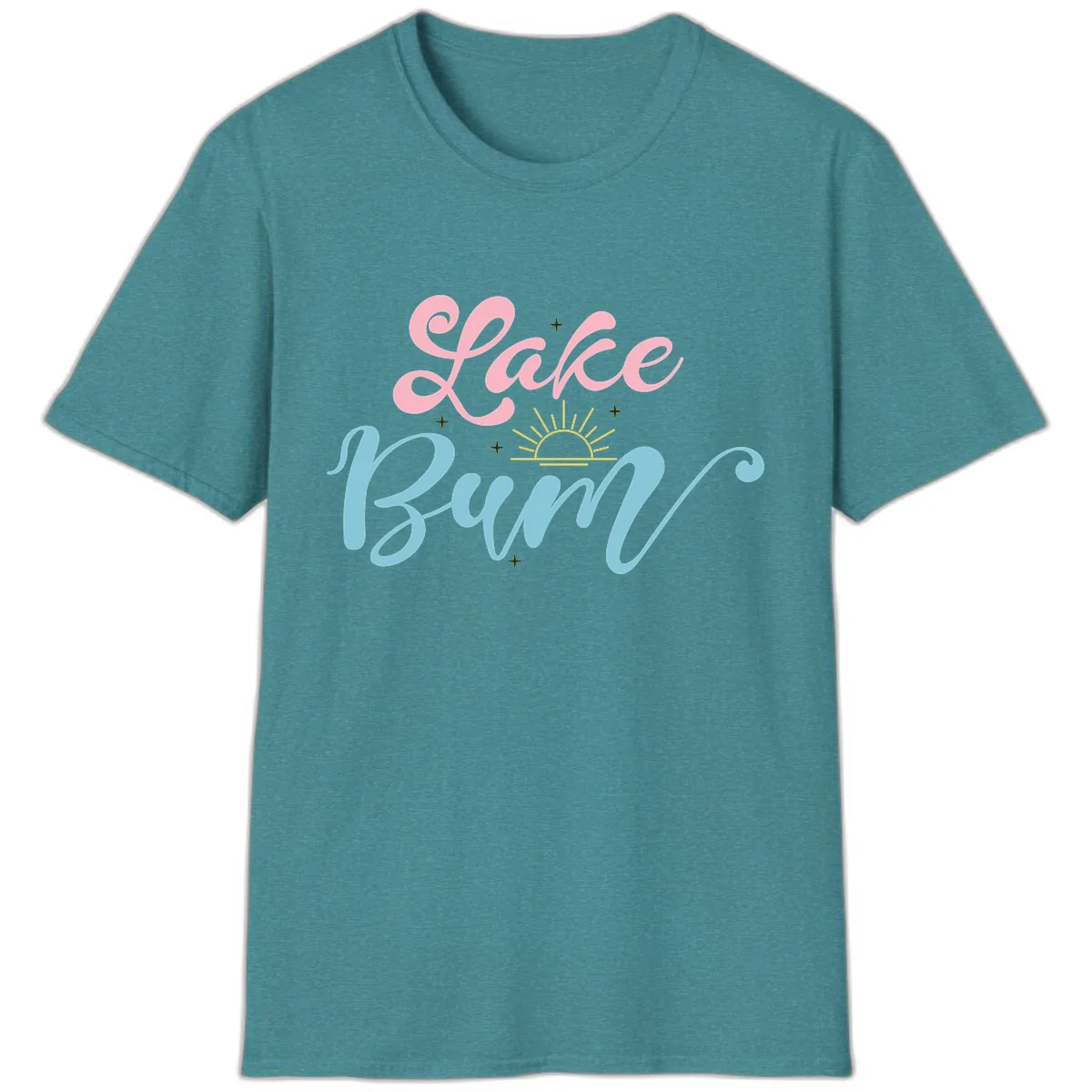 Lake Bum Script Design T-Shirt in Heather Galapagos Blue