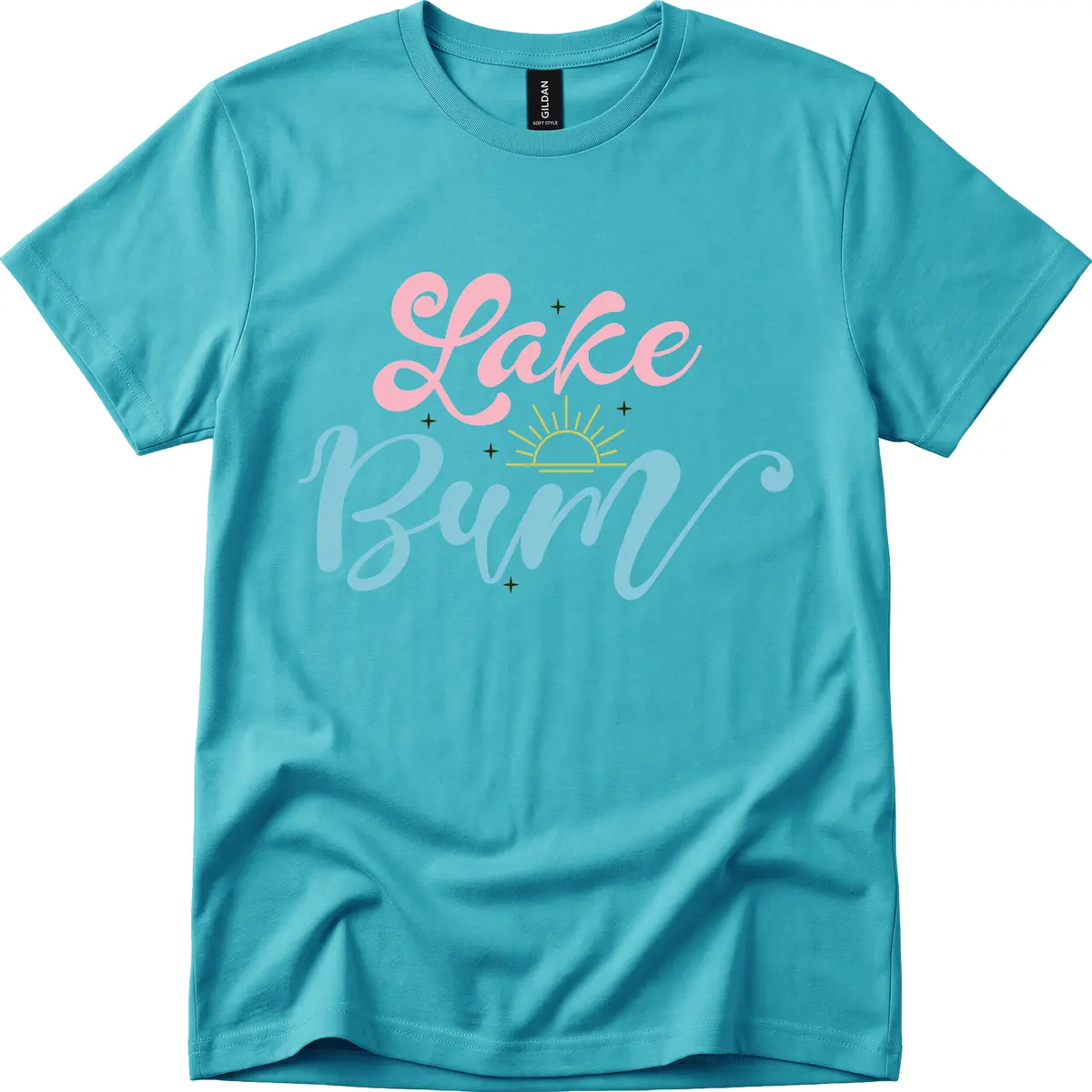 Lake Bum Script Design T-Shirt in Tropical Blue
