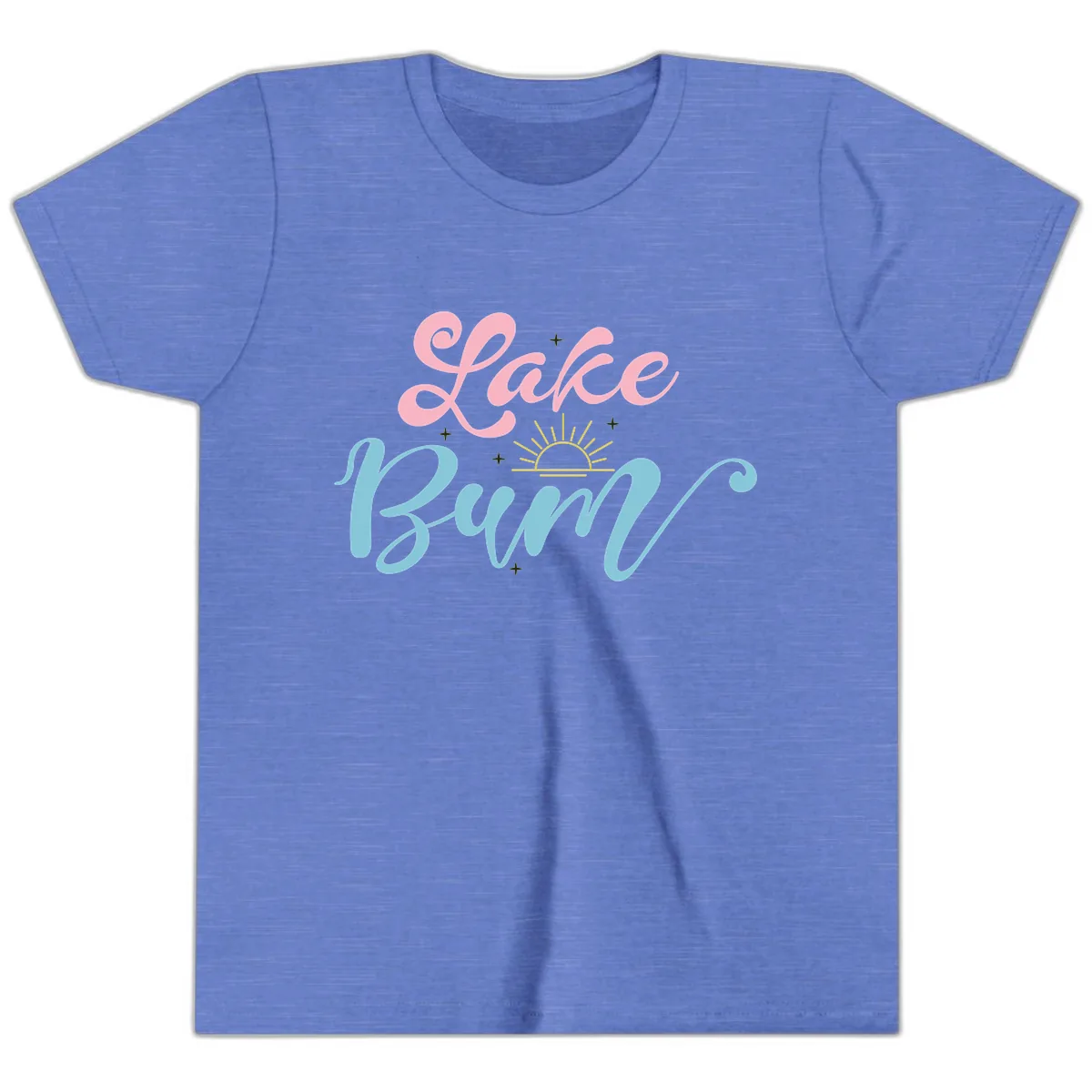 Lake Bum Script Design Youth T-Shirt in Heather Columbia Blue