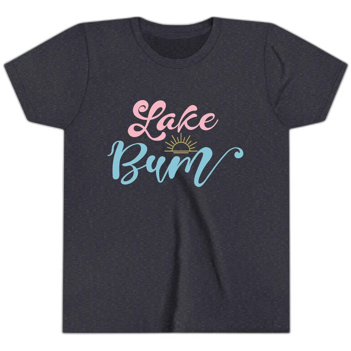 Lake Bum Script Design Youth T-Shirt in Heather Navy