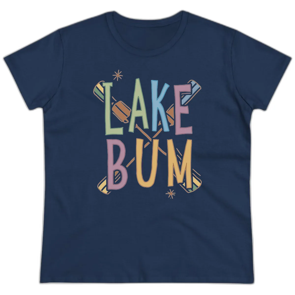 Lake Bum Lifestyle Typography Ladies Tee in Navy