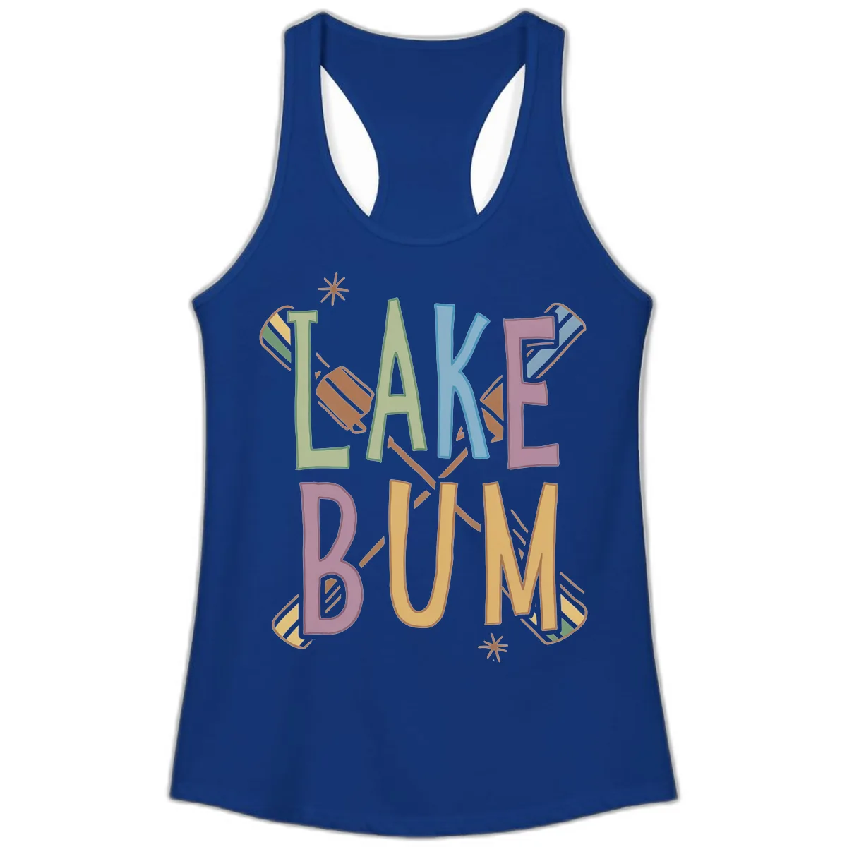 Lake Bum Lifestyle Typography Ladies Tank in Solid Royal