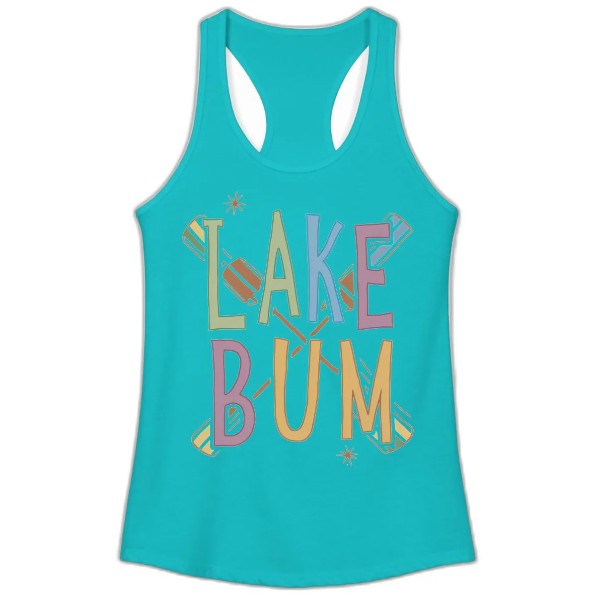 Lake Bum Lifestyle Typography Ladies Tank in Tahiti Blue