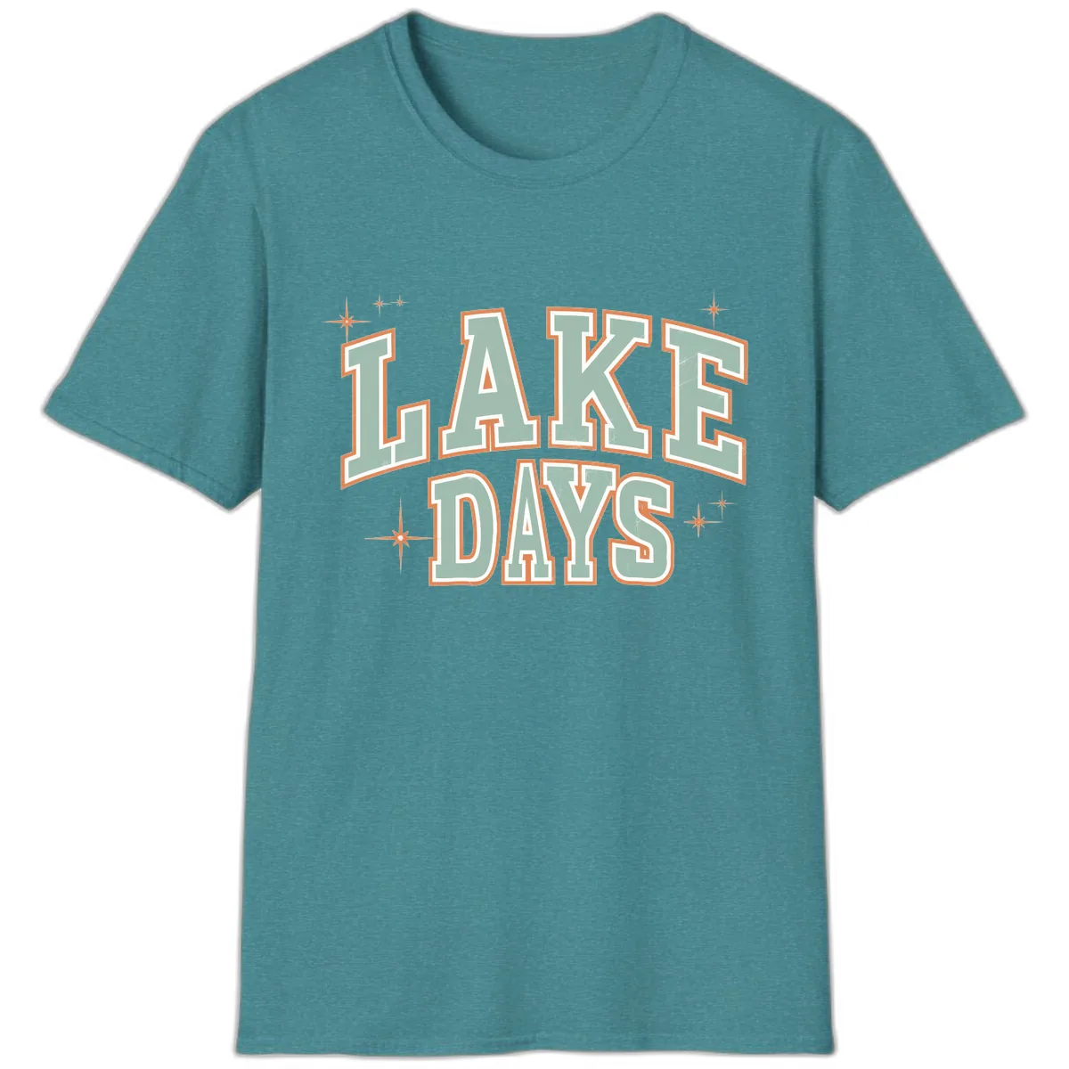 Lake Days Vintage Varsity Style T-Shirt in Heather Galapagos Blue