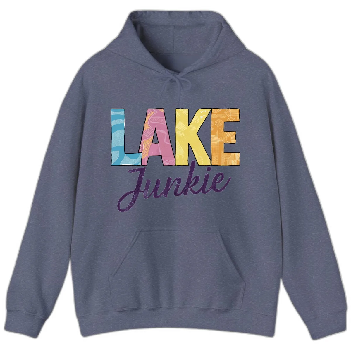 Lake Junkie Typography Design Hoodie in Heather Navy