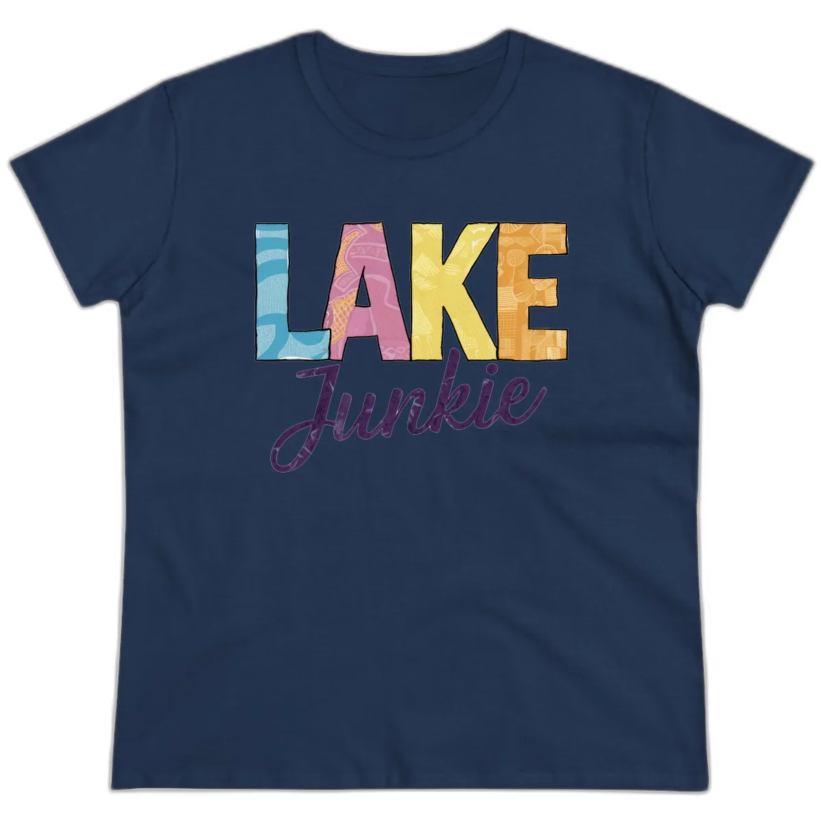 Lake Junkie Typography Design Ladies Tee in Navy