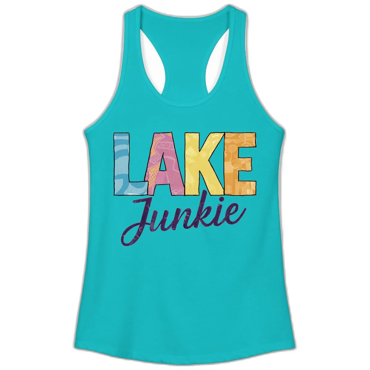 Lake Junkie Typography Design Ladies Tank in Tahiti Blue