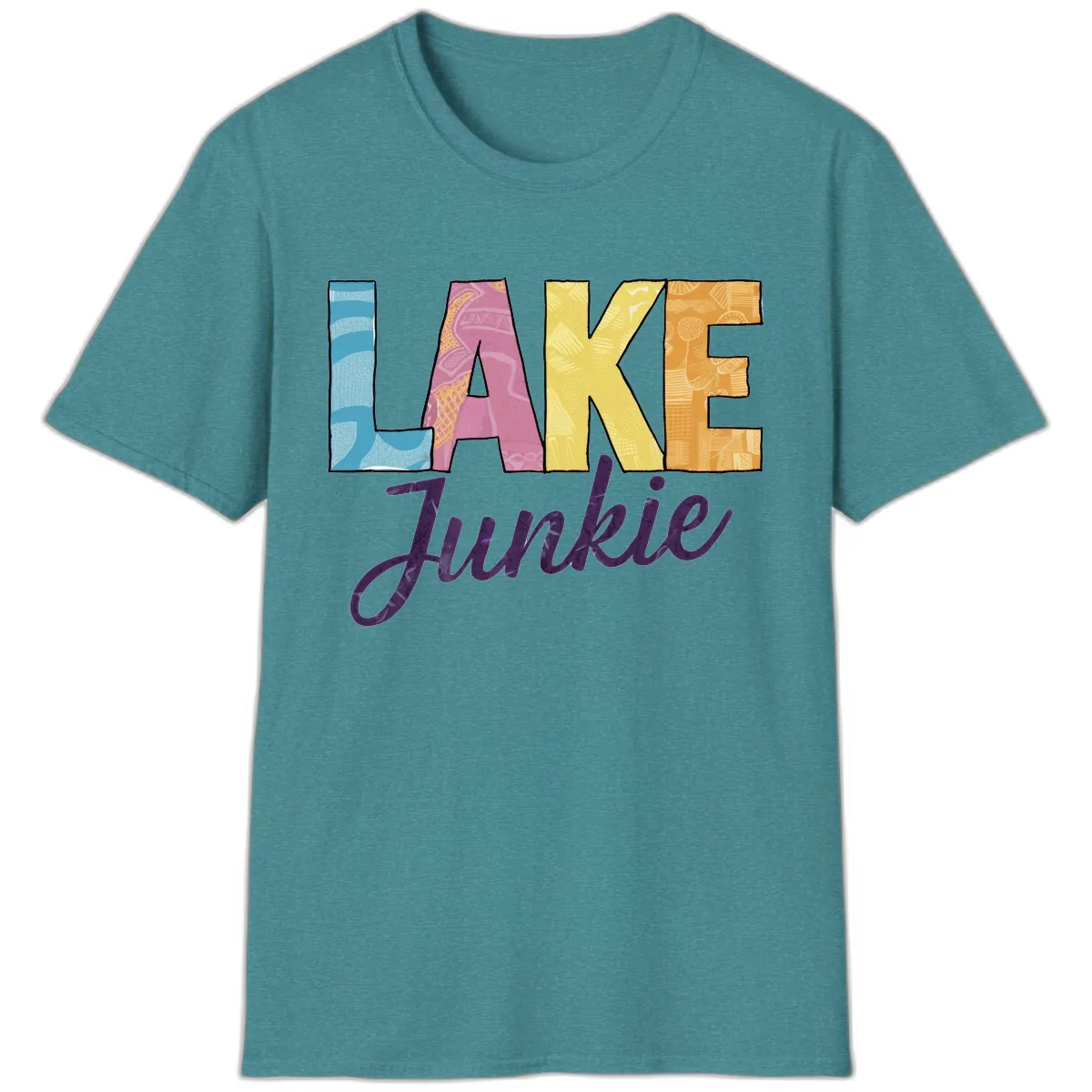 Lake Junkie Typography Design T-Shirt in Heather Galapagos Blue