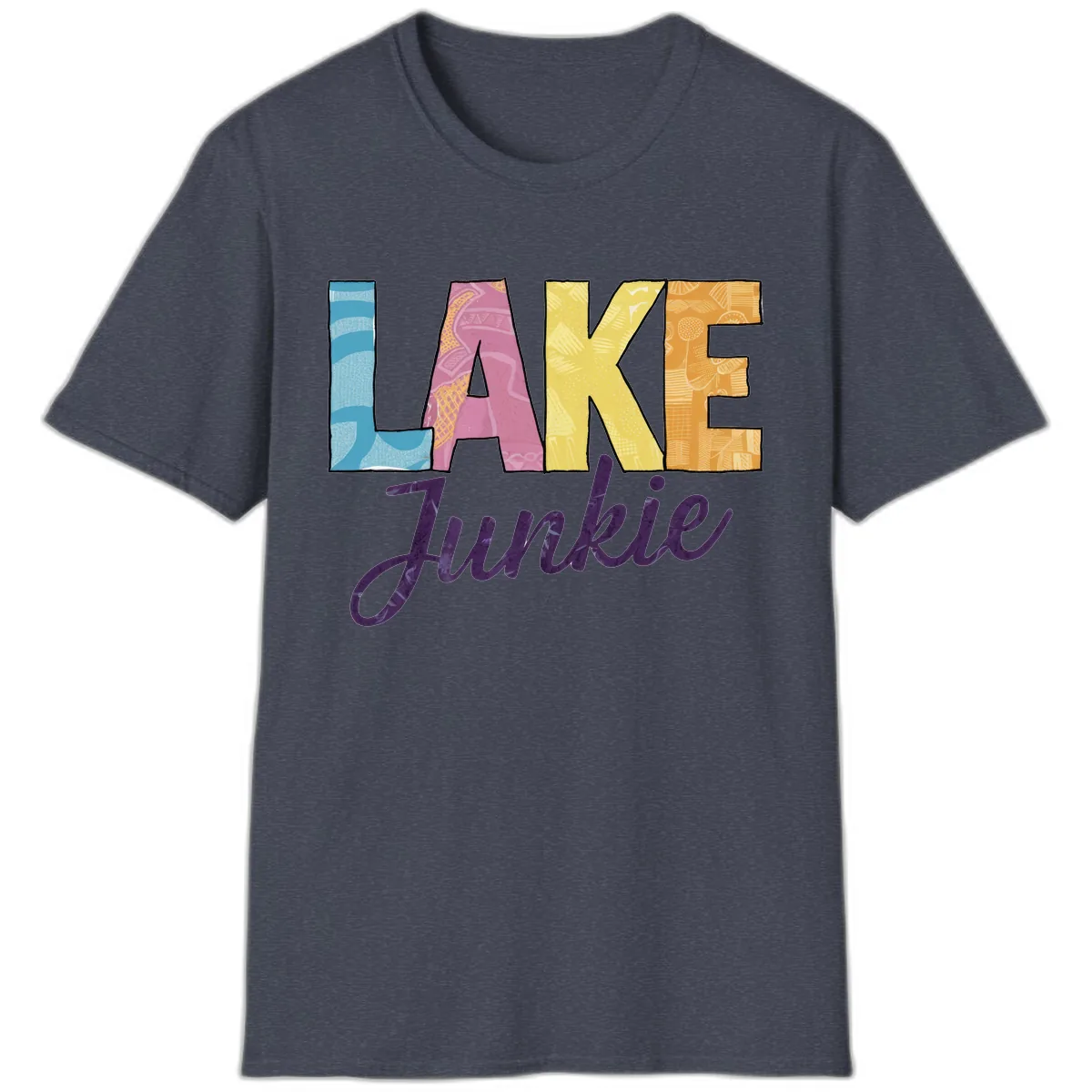 Lake Junkie Typography Design T-Shirt in Heather Navy