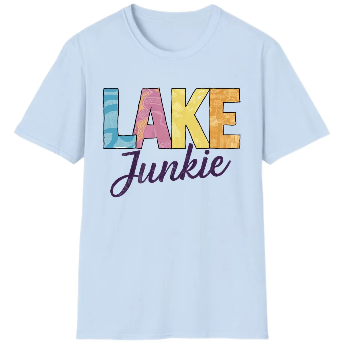 Lake Junkie Typography Design T-Shirt in Light Blue