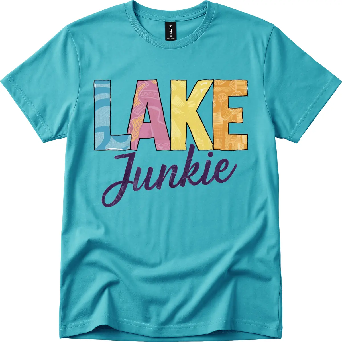 Lake Junkie Typography Design T-Shirt in Tropical Blue