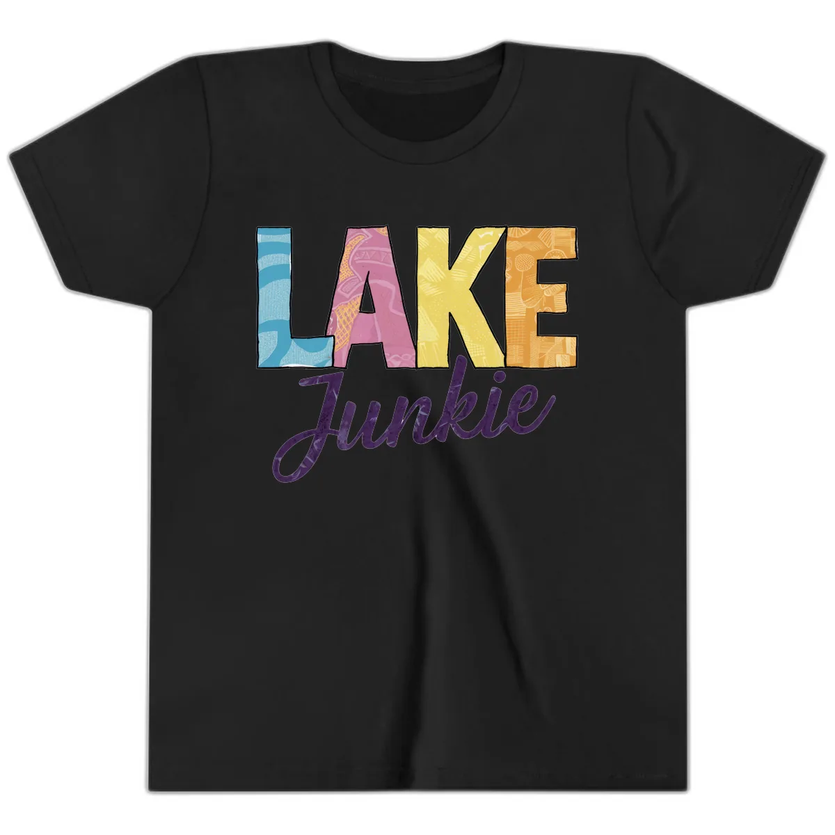 Lake Junkie Typography Design Youth T-Shirt in Black
