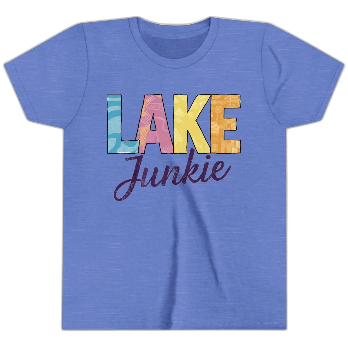 Lake Junkie Typography Design Youth T-Shirt in Heather Columbia Blue