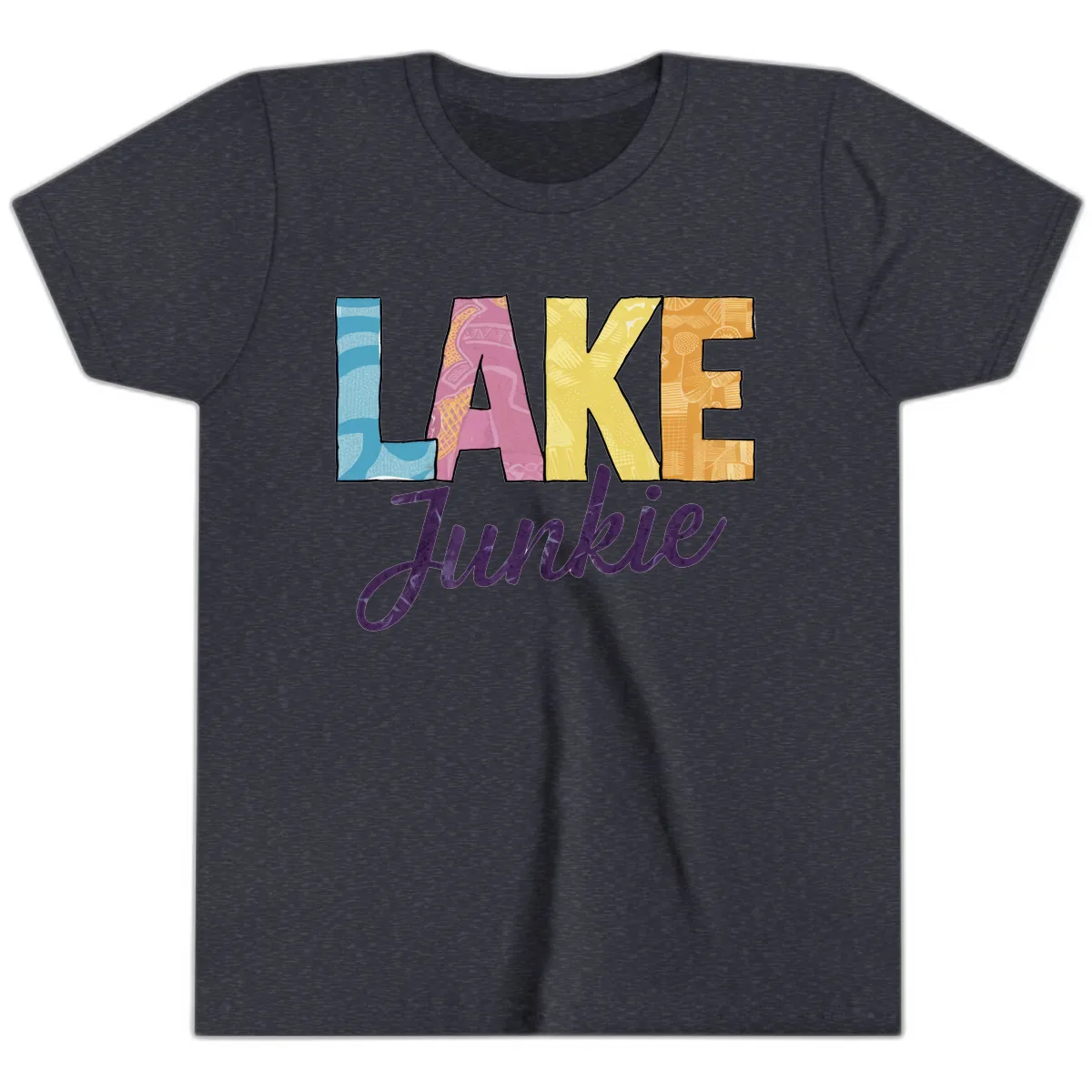 Lake Junkie Typography Design Youth T-Shirt in Heather Navy
