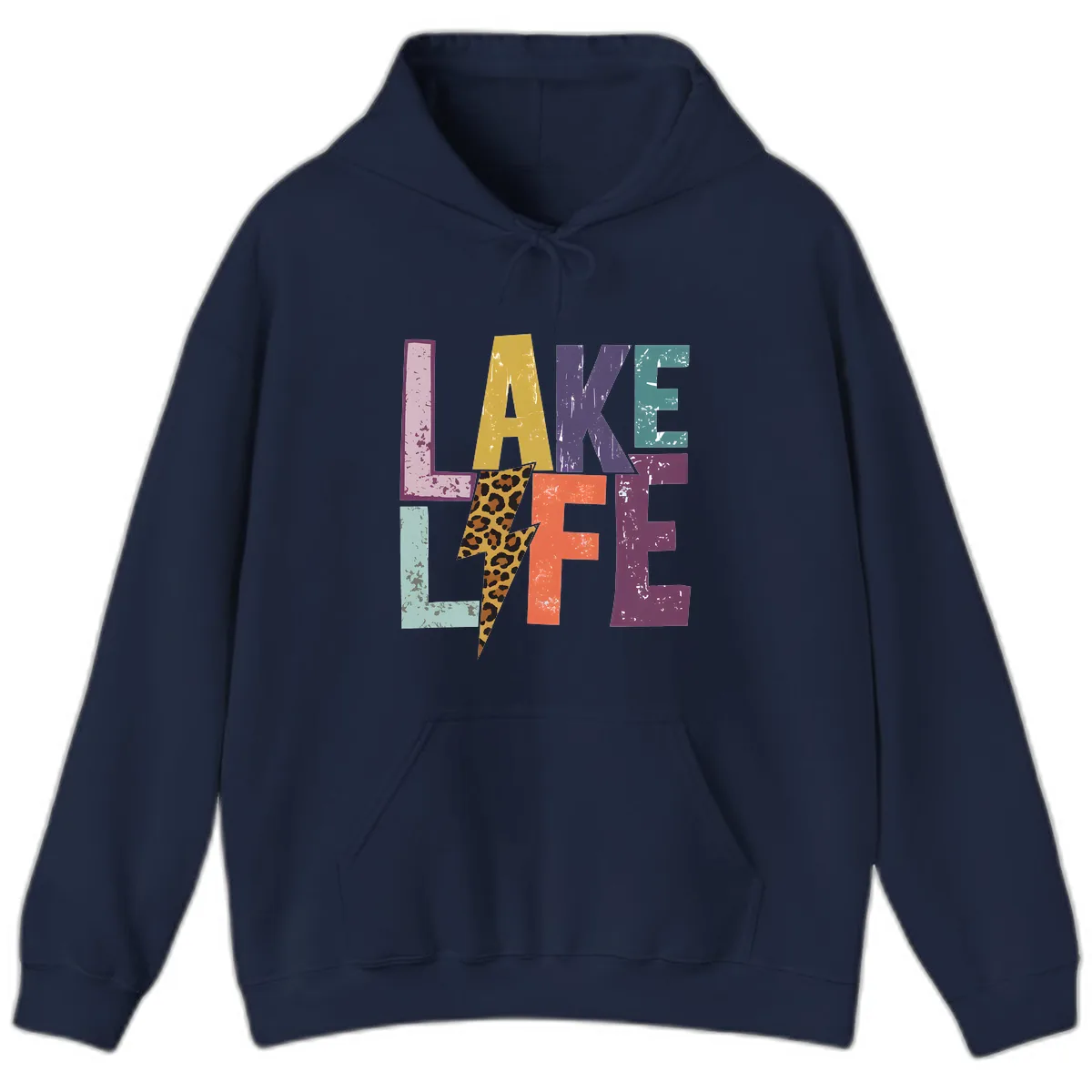 Lake Life Distressed Letters Hoodie in Navy