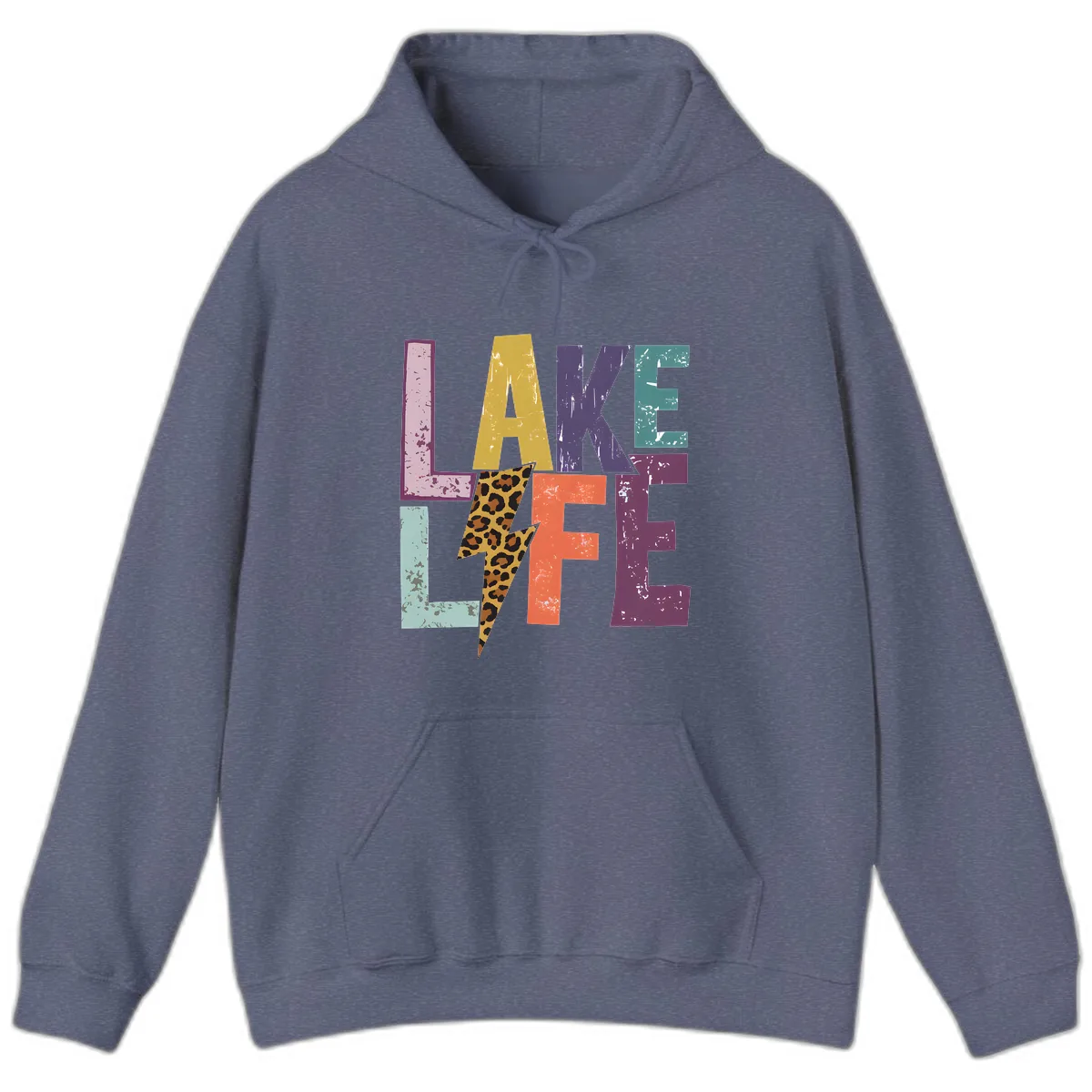 Lake Life Distressed Letters Hoodie in Heather Navy