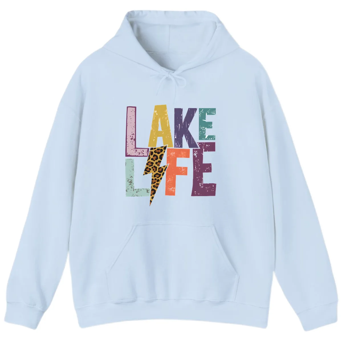 Lake Life Distressed Letters Hoodie in Light Blue