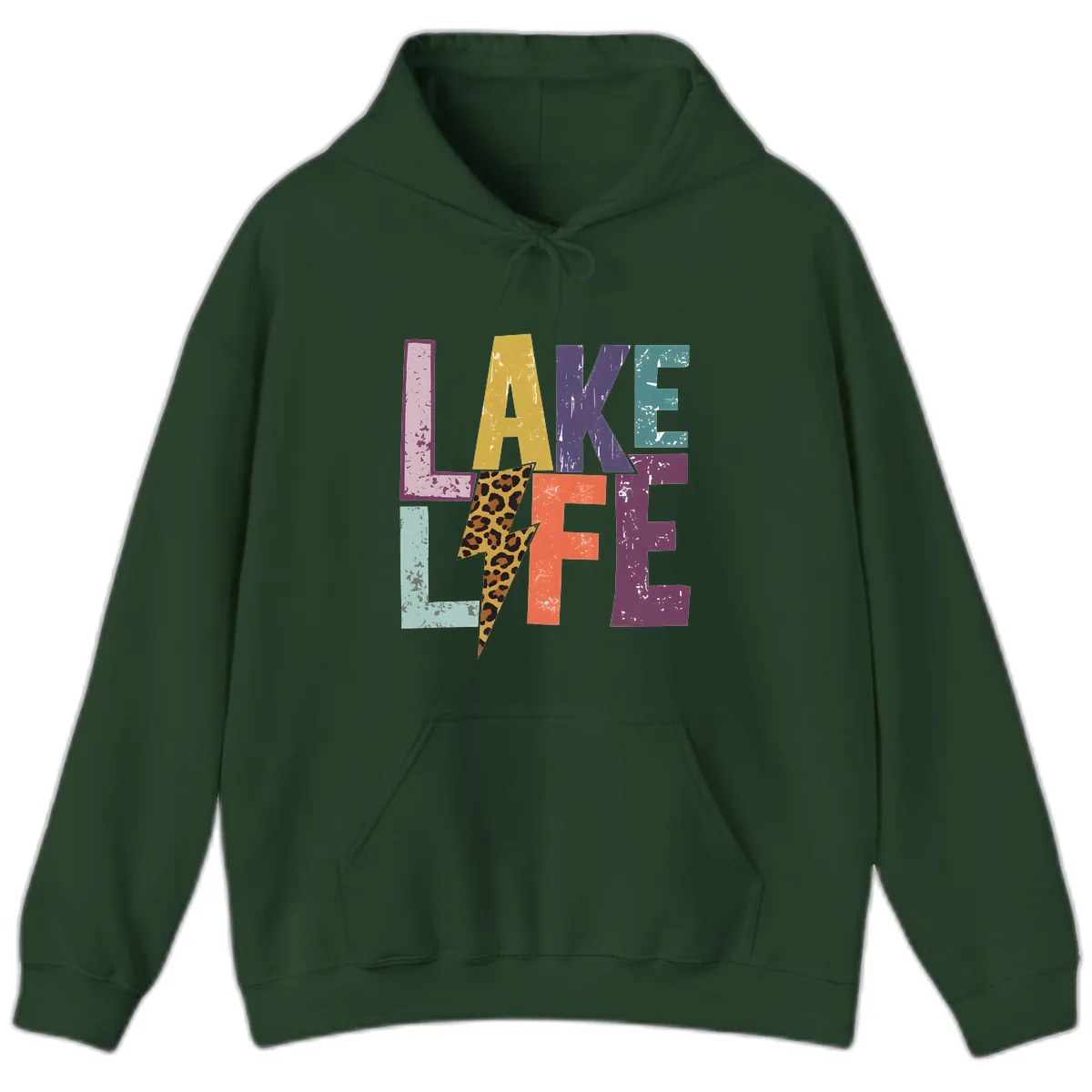 Lake Life Distressed Letters Hoodie in Forest Green