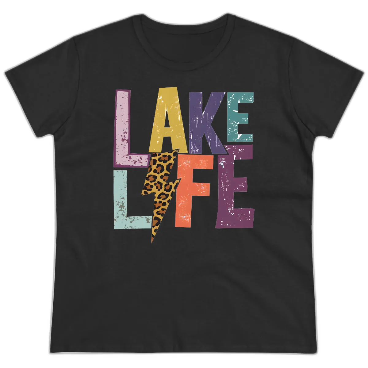 Lake Life Distressed Letters Ladies Tee in Black