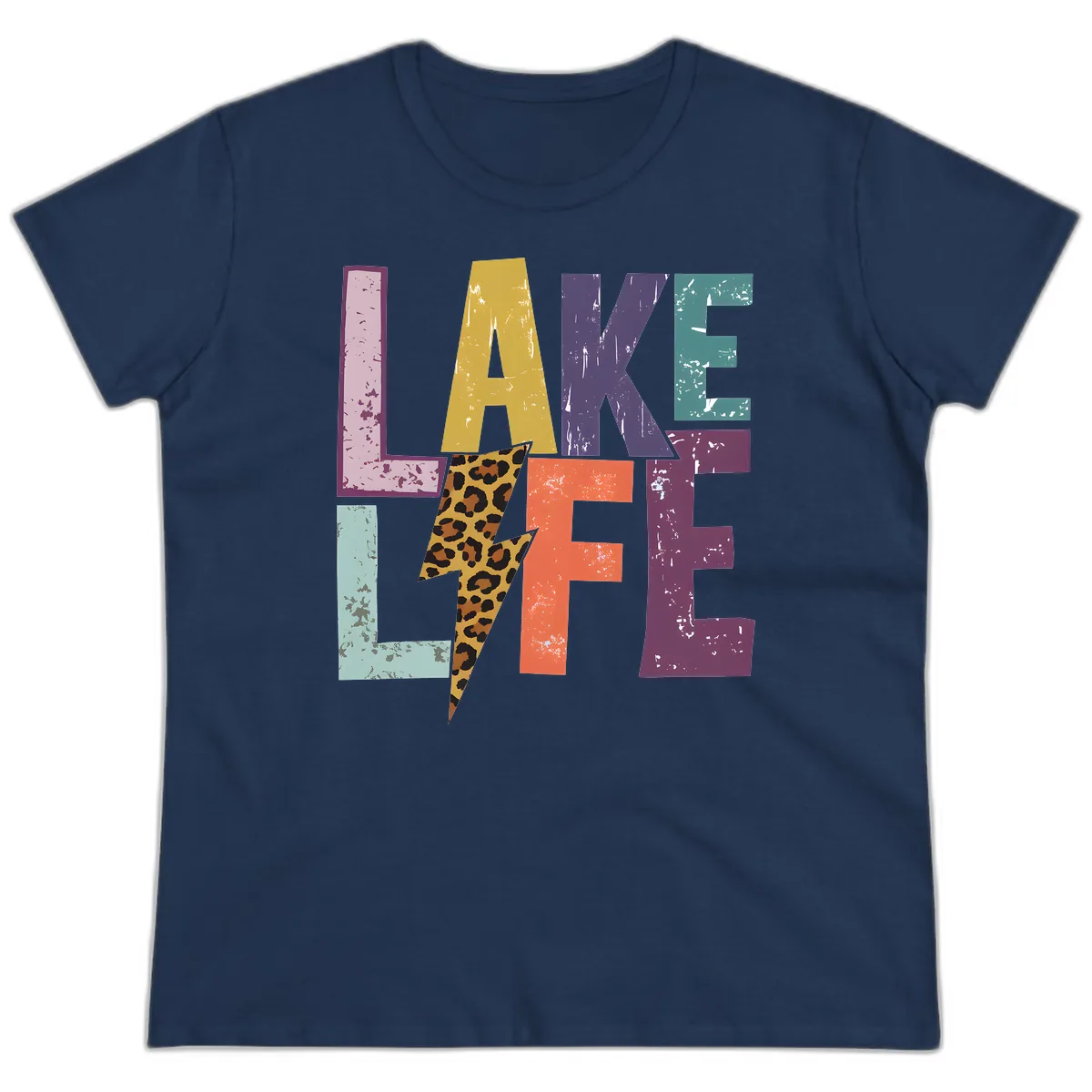 Lake Life Distressed Letters Ladies Tee in Navy