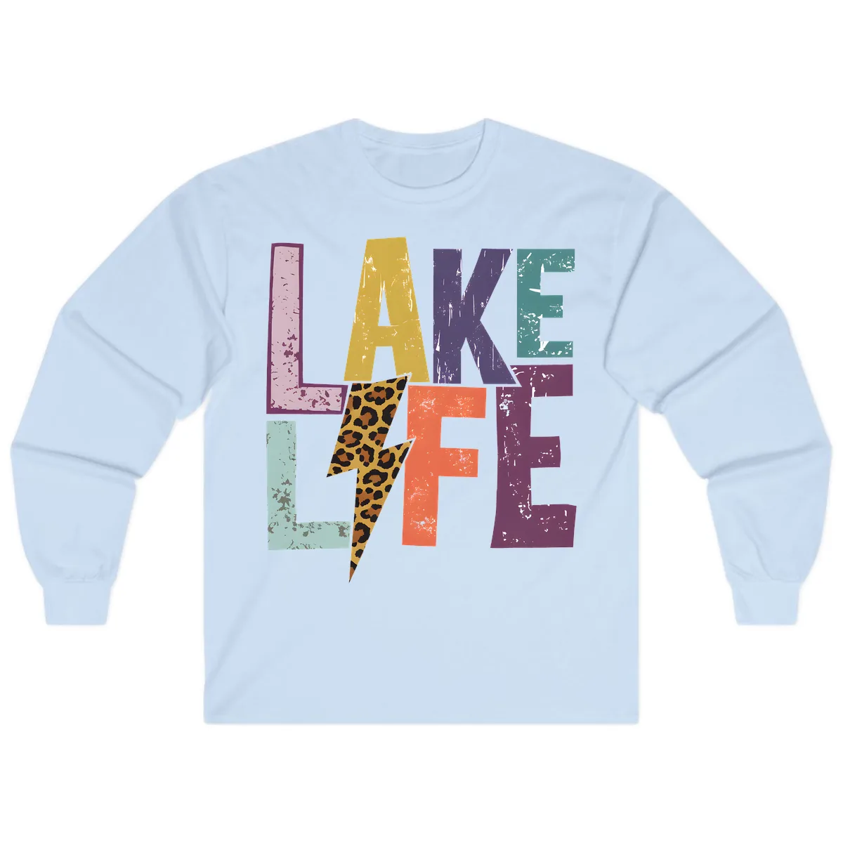 Lake Life Distressed Letters Long Sleeve in Light Blue