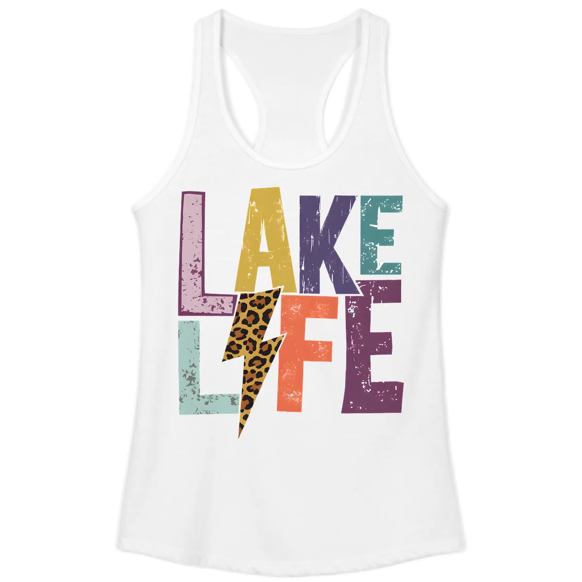 Lake Life Distressed Letters Ladies Tank in White