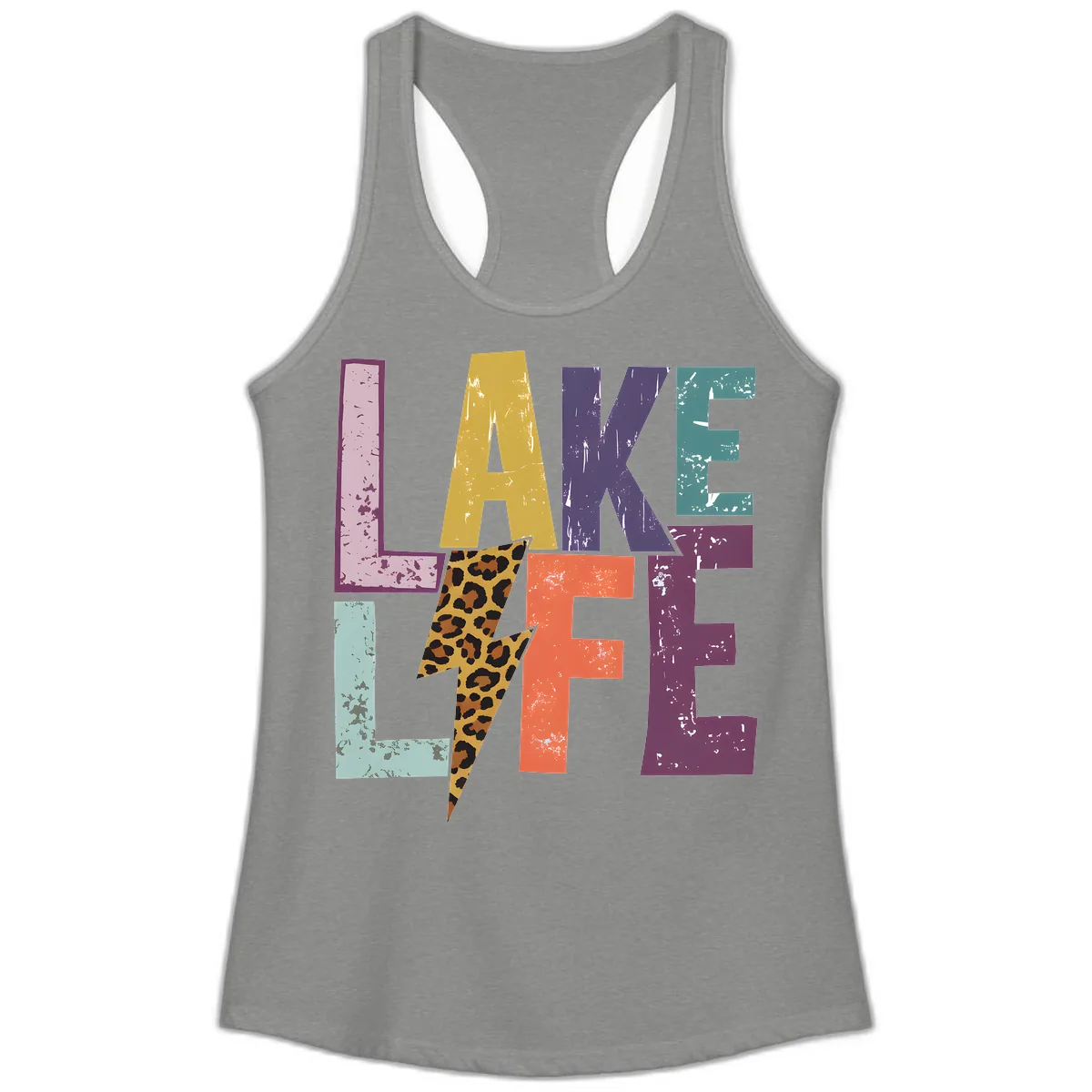 Lake Life Distressed Letters Ladies Tank in Heather Grey
