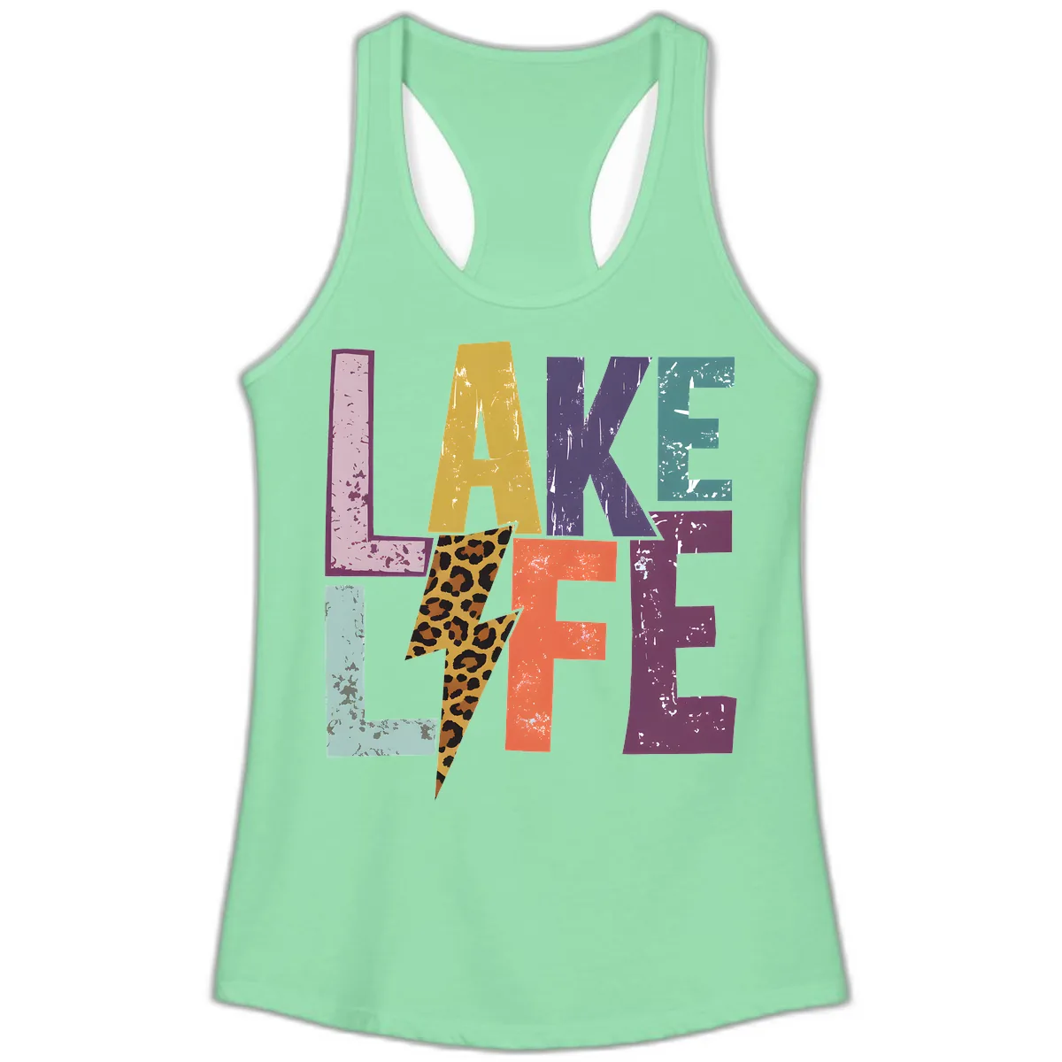 Lake Life Distressed Letters Ladies Tank in Solid Mint