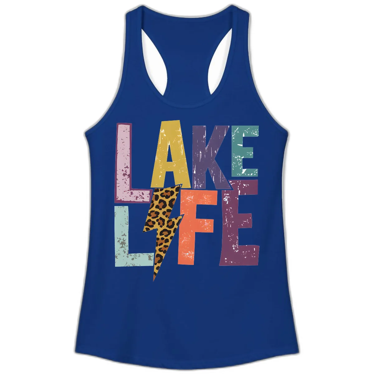 Lake Life Distressed Letters Ladies Tank in Solid Royal