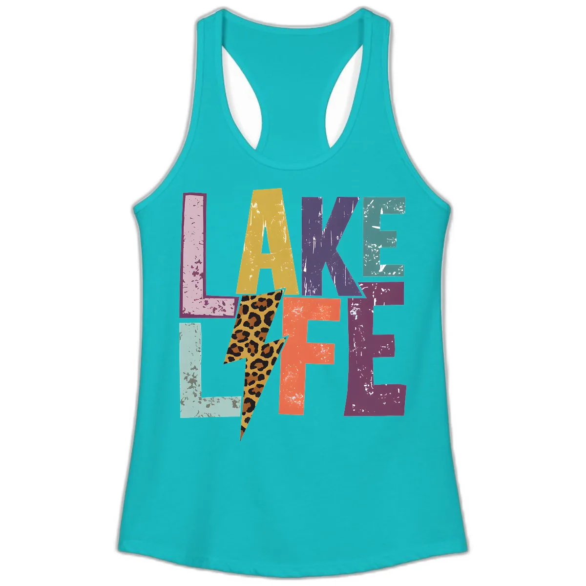 Lake Life Distressed Letters Ladies Tank in Tahiti Blue