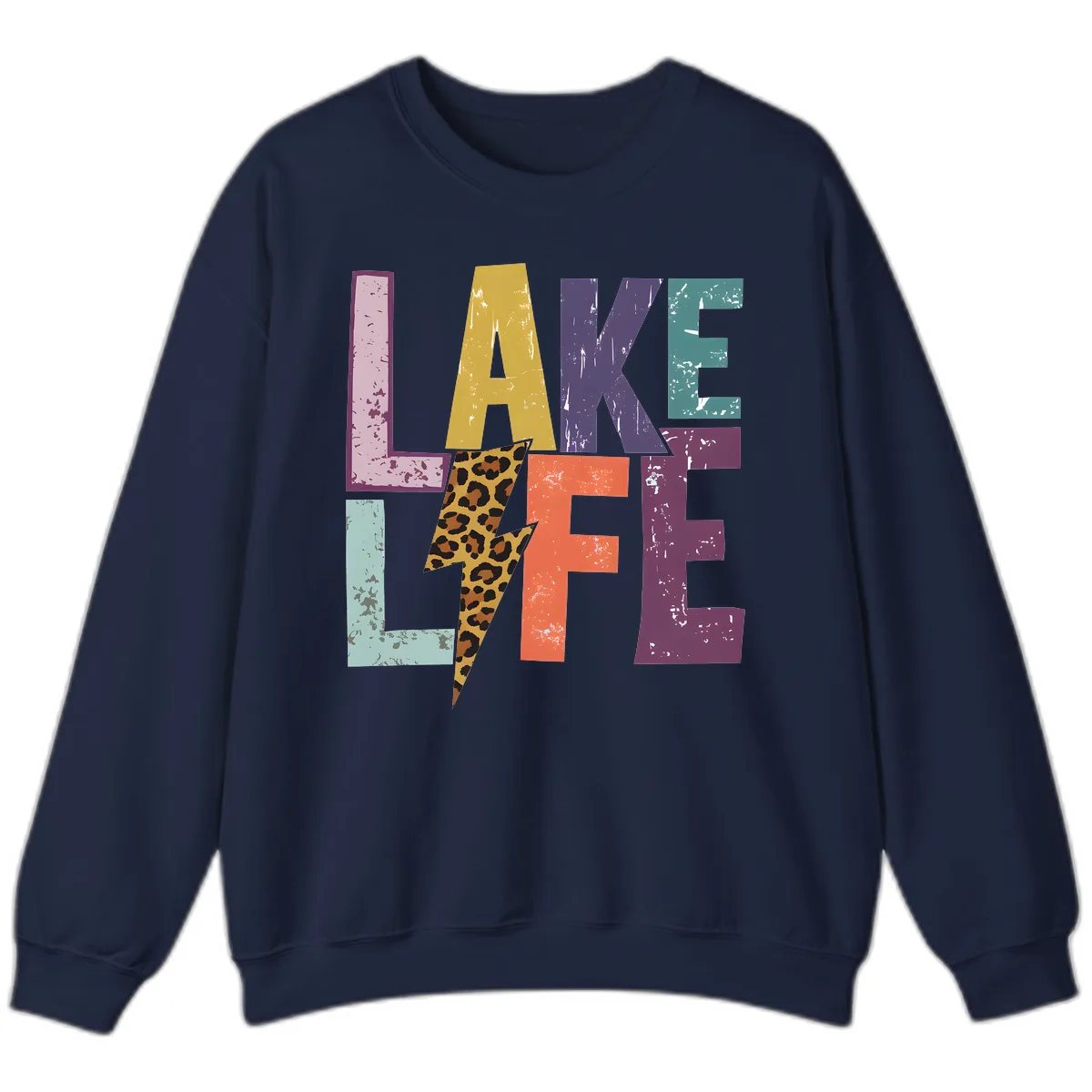 Lake Life Distressed Letters Sweatshirt in Navy
