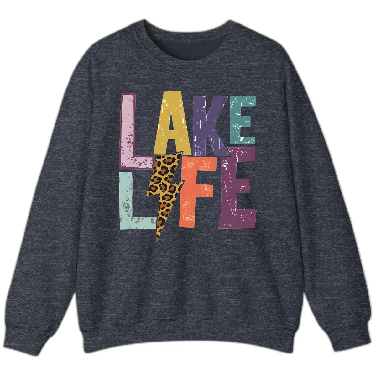 Lake Life Distressed Letters Sweatshirt in Heather Sport Dark Navy