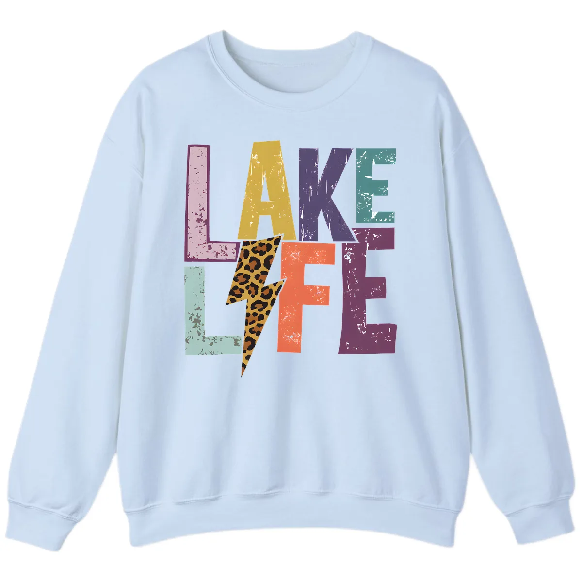 Lake Life Distressed Letters Sweatshirt in Light Blue
