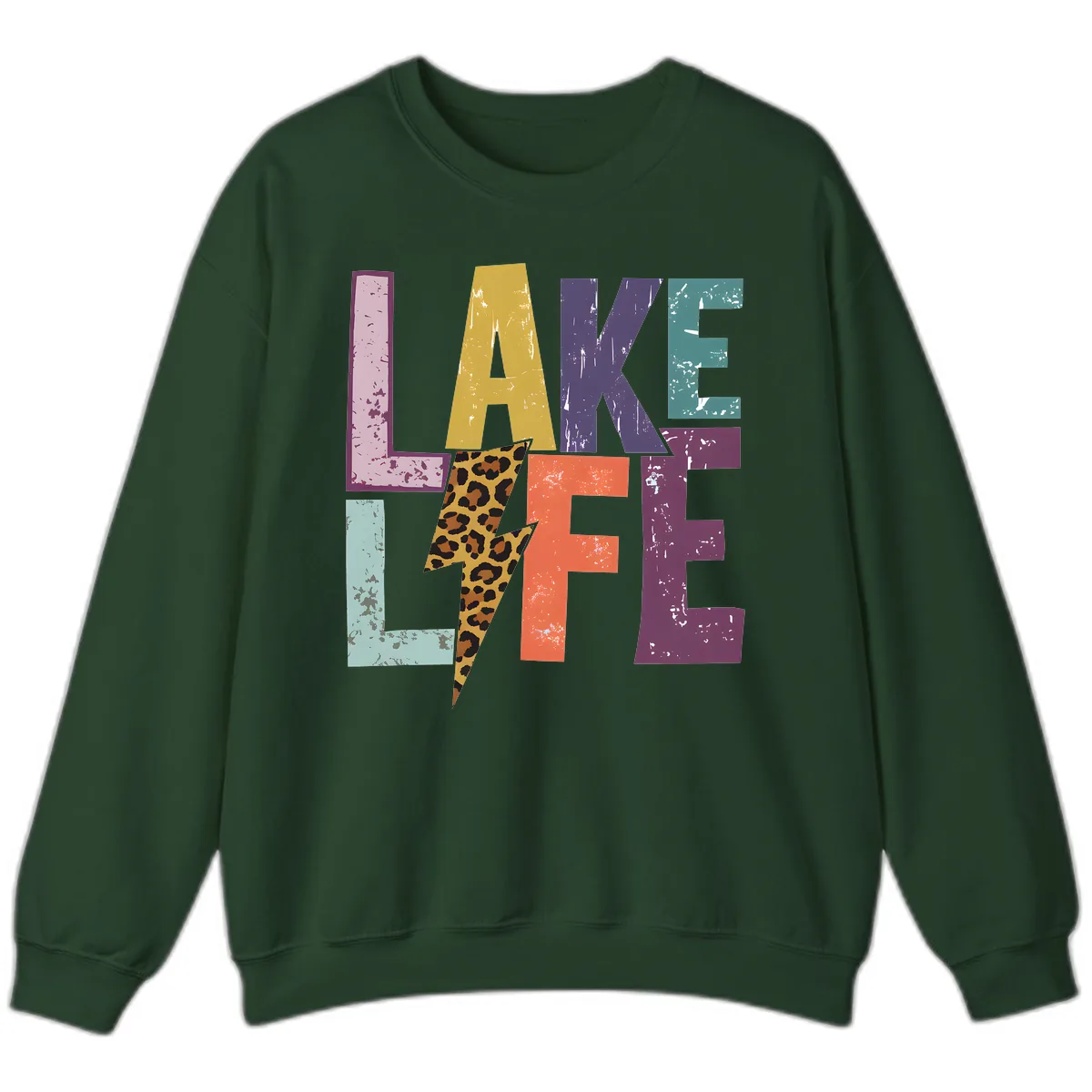 Lake Life Distressed Letters Sweatshirt in Forest Green