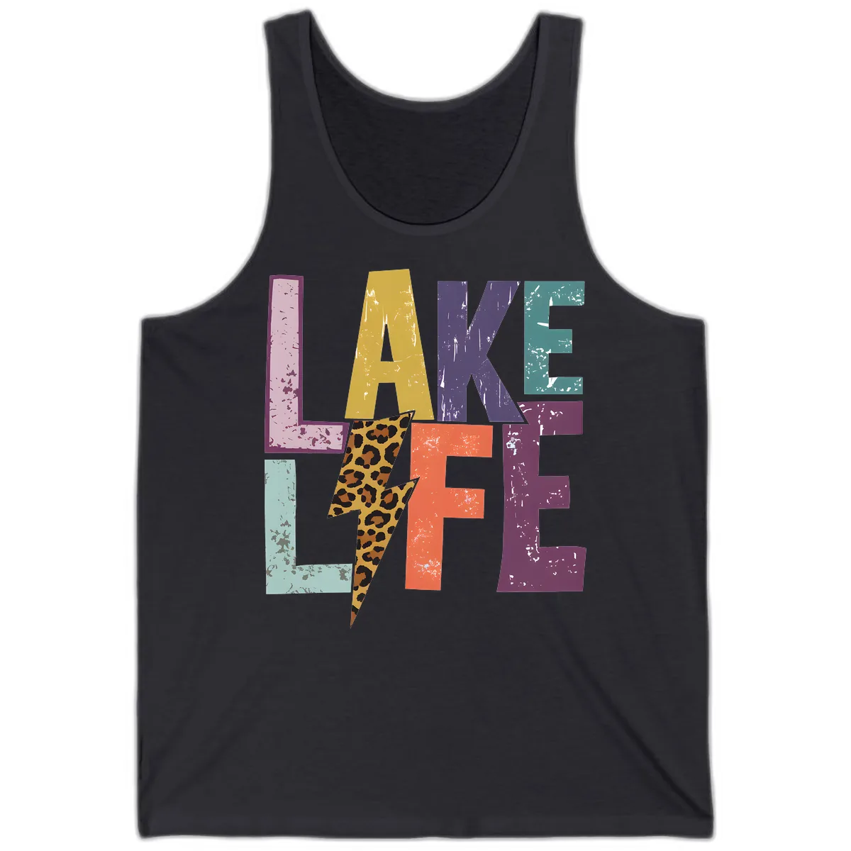 Lake Life Distressed Letters Tank in Dark Grey