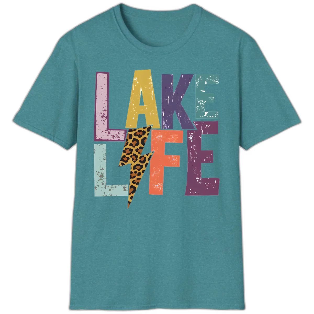 Lake Life Distressed Letters T-Shirt in Heather Galapagos Blue