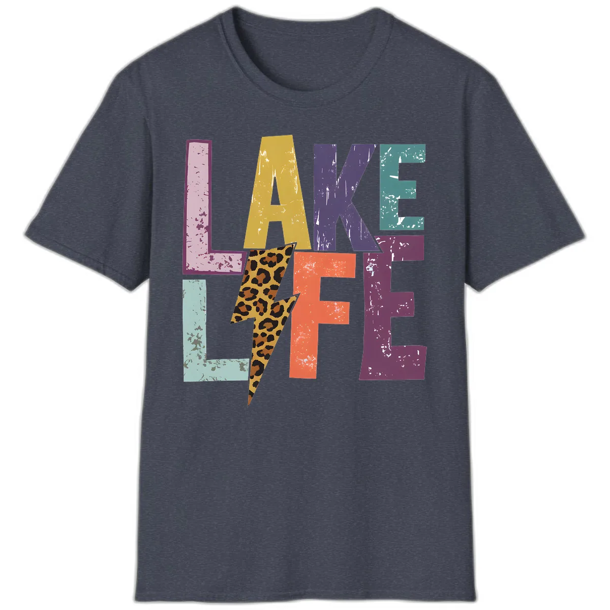 Lake Life Distressed Letters T-Shirt in Heather Navy
