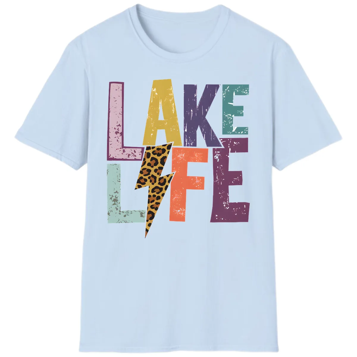 Lake Life Distressed Letters T-Shirt in Light Blue