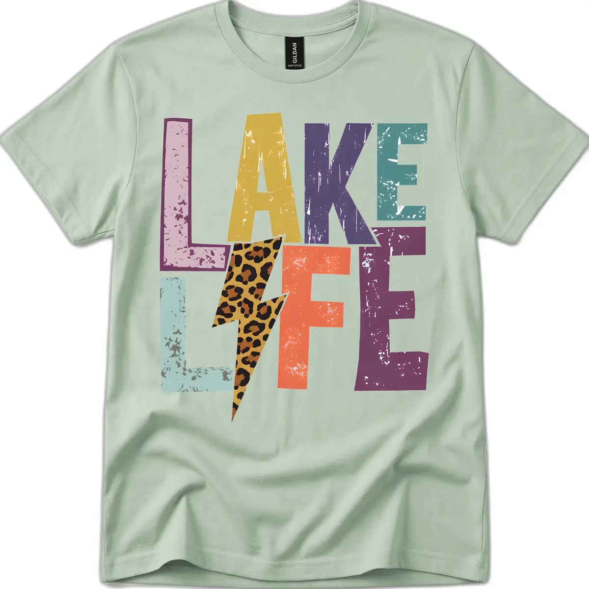 Lake Life Distressed Letters T-Shirt in Sage