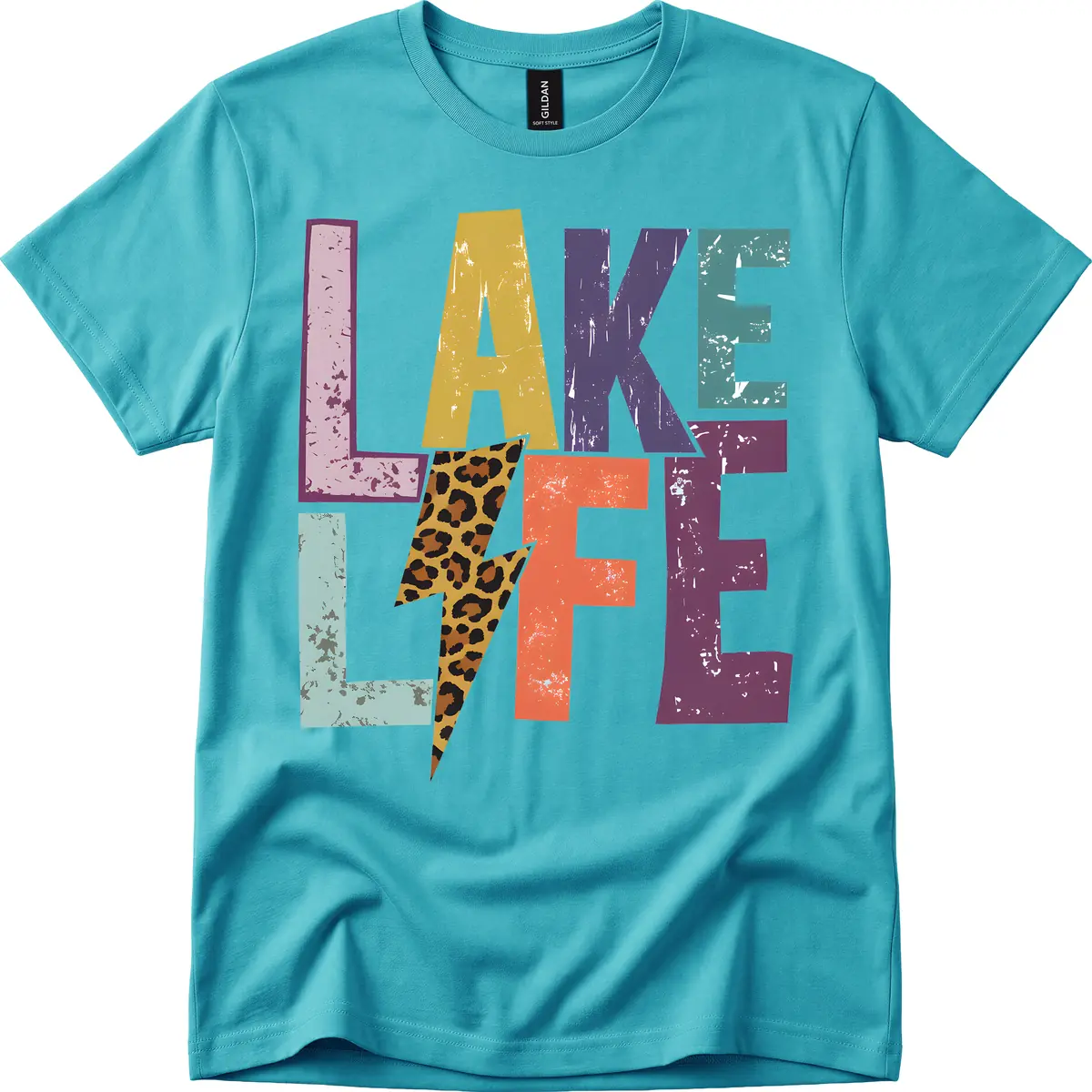 Lake Life Distressed Letters T-Shirt in Tropical Blue