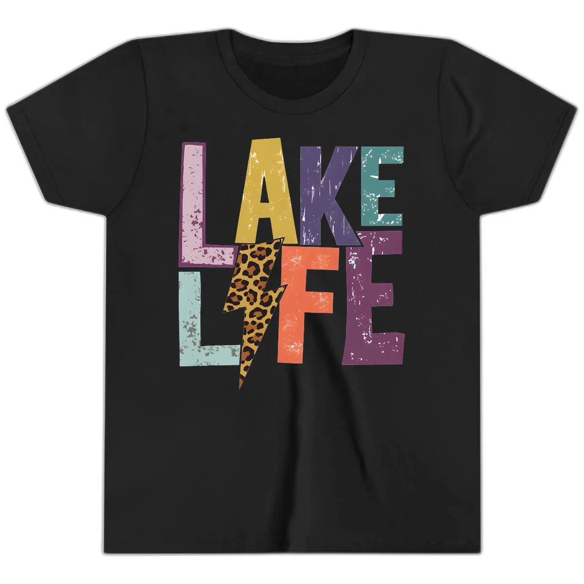 Lake Life Distressed Letters Youth T-Shirt in Black