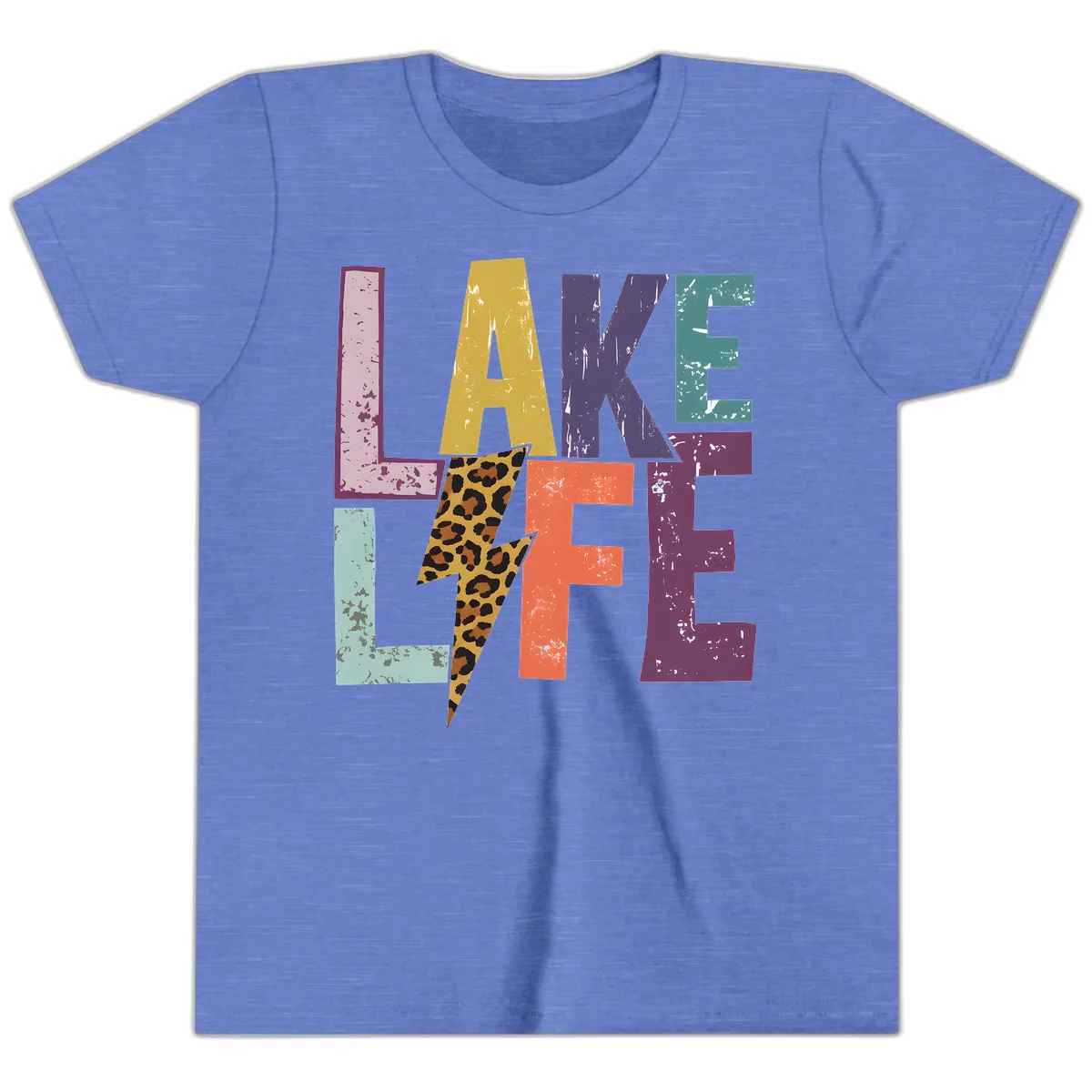 Lake Life Distressed Letters Youth T-Shirt in Heather Columbia Blue