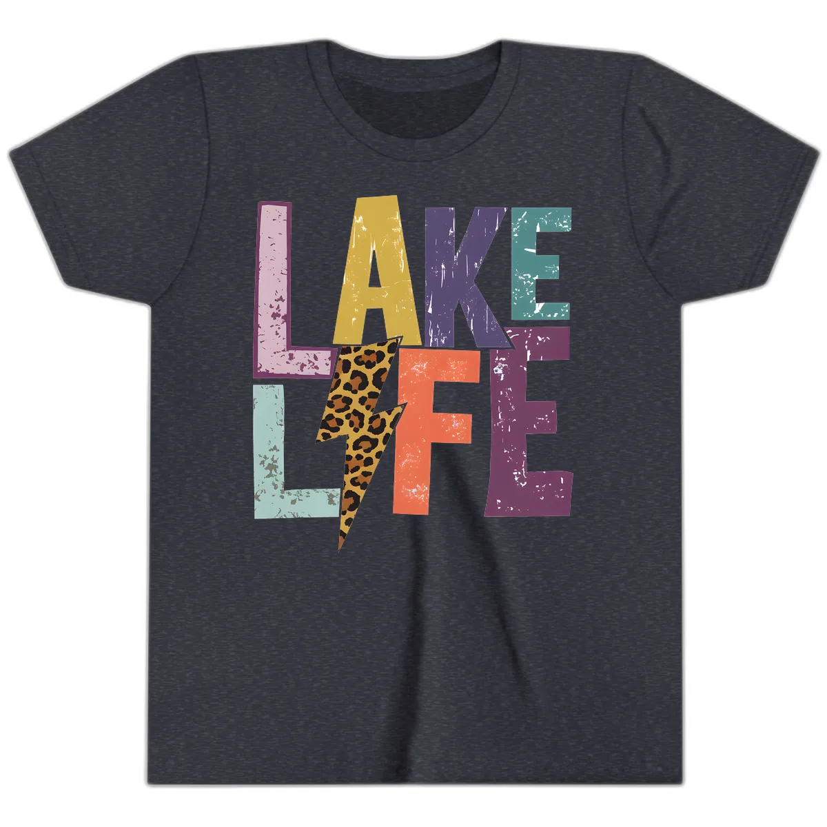 Lake Life Distressed Letters Youth T-Shirt in Heather Navy