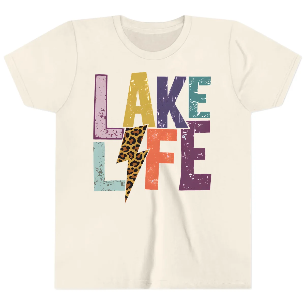 Lake Life Distressed Letters Youth T-Shirt in Natural