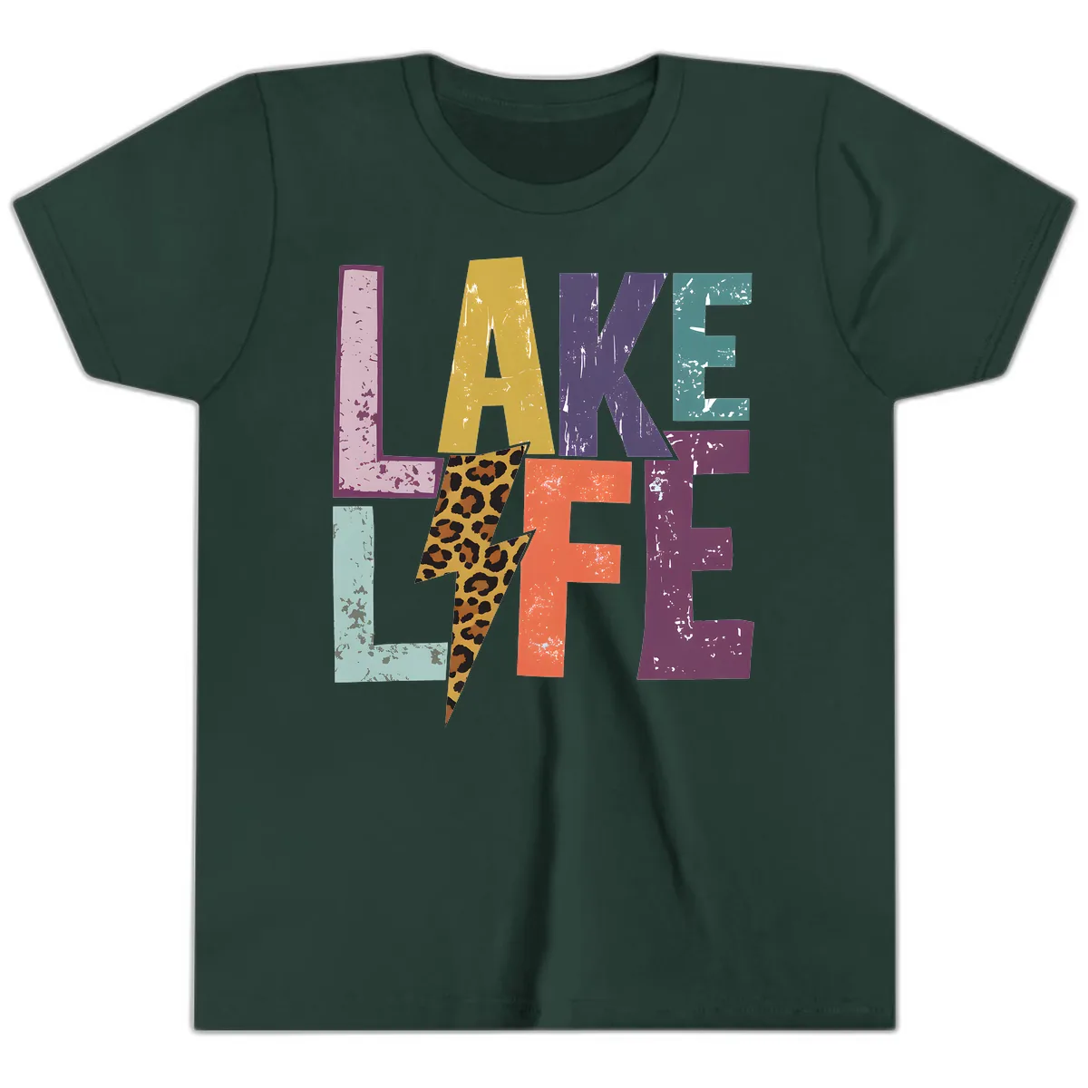 Lake Life Distressed Letters Youth T-Shirt in Forest
