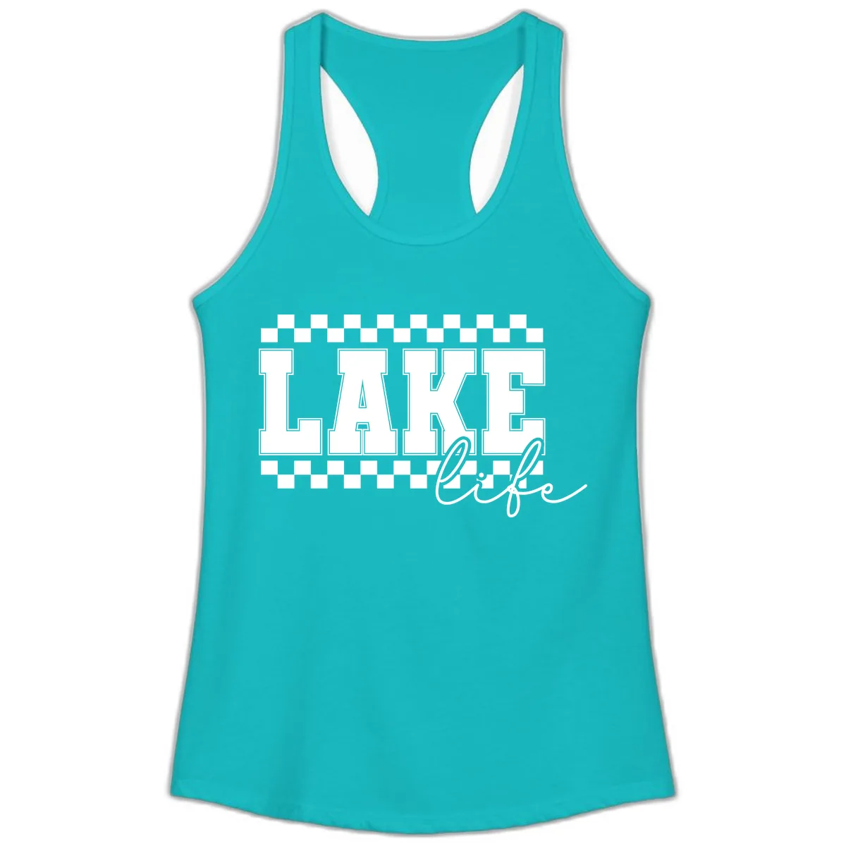 Lake Life Varsity Style Ladies Tank in Tahiti Blue